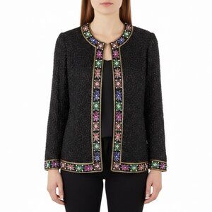 Lawrence Kazar Womens Black Beaded Silk  Jacket & Top Floral Embellished Sz 2X